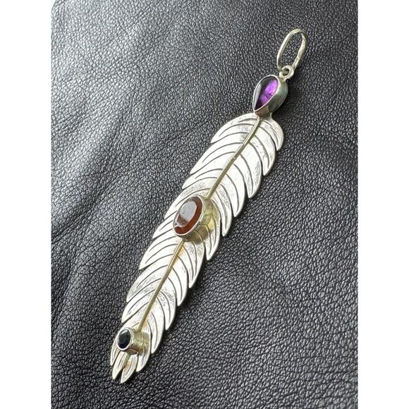 Feather Pendant Amethyst Imperial Garnet Blue Sapphire Sterling Silver - Picture 6 of 6